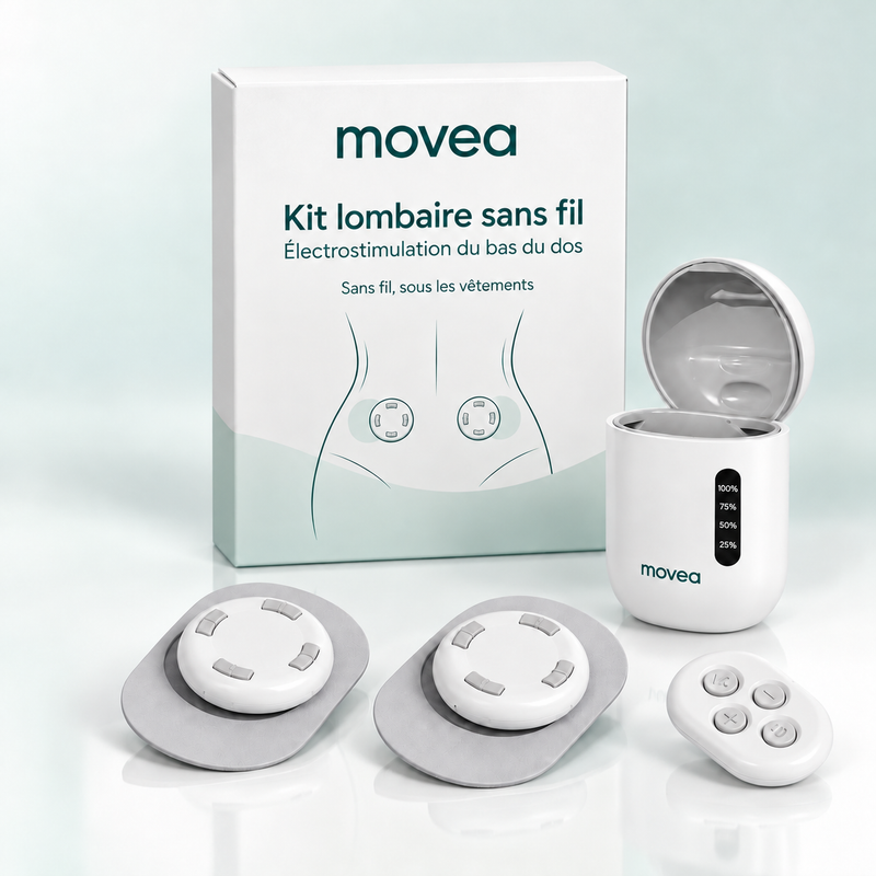 Le kit Movea : deux modules sans fil, télécommande et boîtier de charge